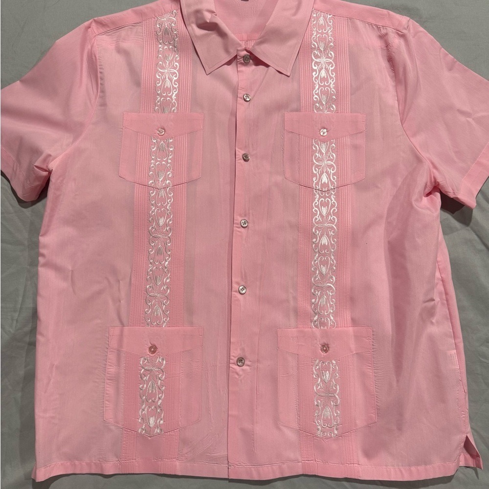 Pink Collared Short Sleeve Shirt.‎ Guayabera with White Embroidery. Snap Buttons - Picture 11 of 15